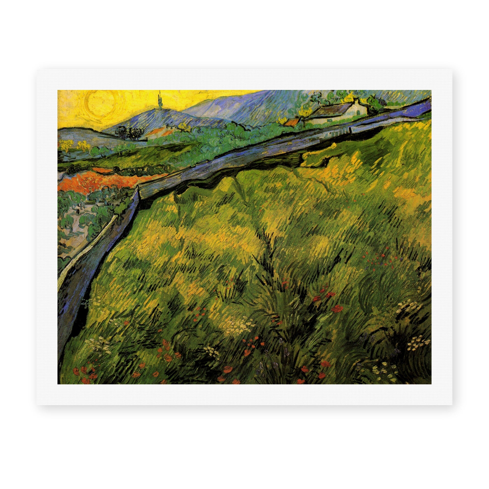 Vincent van Gogh's 'Field of Spring Wheat at Sunrise' painting reproduced as a rolled canvas print