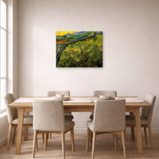 Gallery-wrapped canvas print of Vincent van Gogh's Field of Spring Wheat at Sunrise displayed on a wall in a dining room