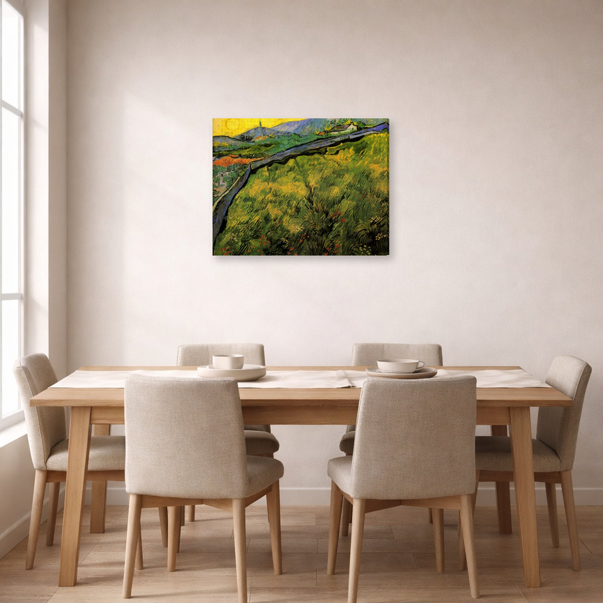 Gallery-wrapped canvas print of Vincent van Gogh's Field of Spring Wheat at Sunrise displayed on a wall in a dining room