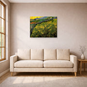 Gallery-wrapped canvas print of Vincent van Gogh's Field of Spring Wheat at Sunrise displayed on a wall in a living room