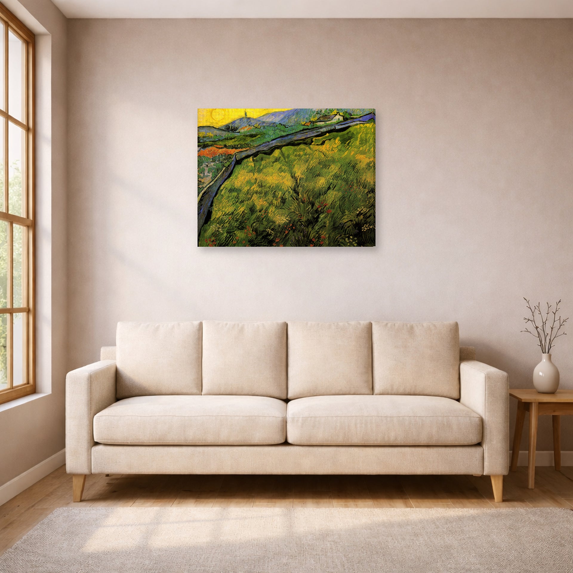 Gallery-wrapped canvas print of Vincent van Gogh's Field of Spring Wheat at Sunrise displayed on a wall in a living room