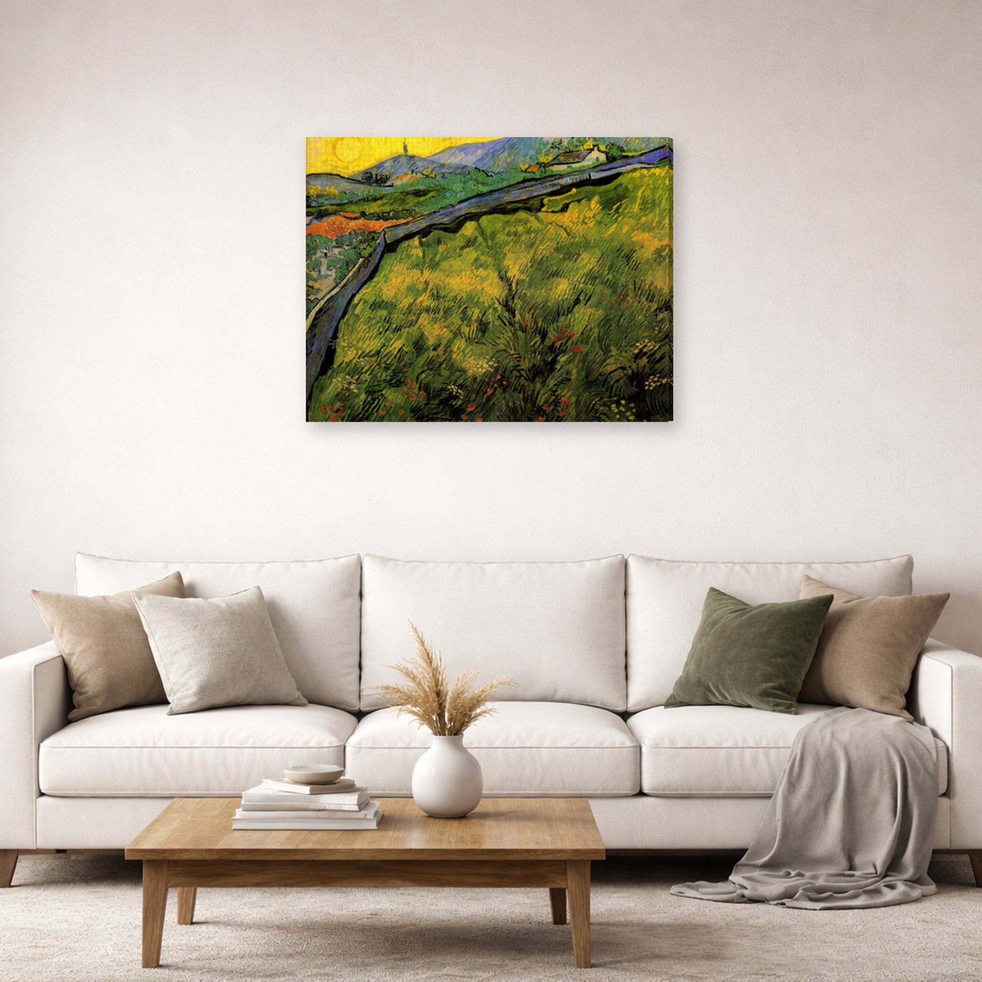Gallery-wrapped canvas print of Vincent van Gogh's Field of Spring Wheat at Sunrise displayed on a wall in a living room
