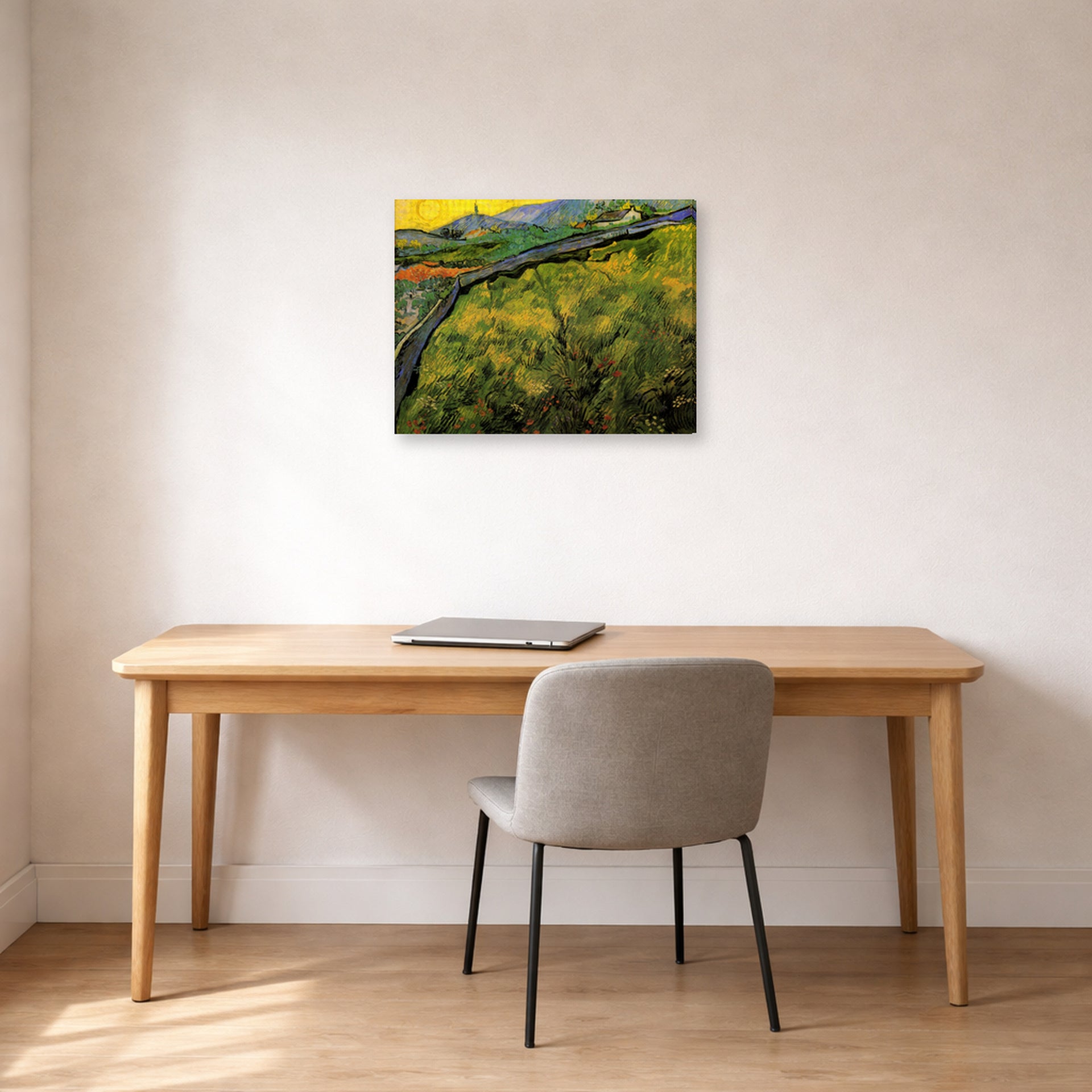 Gallery-wrapped canvas print of Vincent van Gogh's Field of Spring Wheat at Sunrise displayed on a wall in a home office