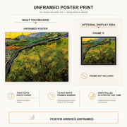 Vincent van Gogh - Field of Spring Wheat at Sunrise poster print size comparison and framing display infographic