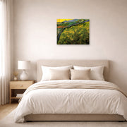 Unframed poster print of Vincent van Gogh's Field of Spring Wheat at Sunrise displayed on a wall in a bedroom