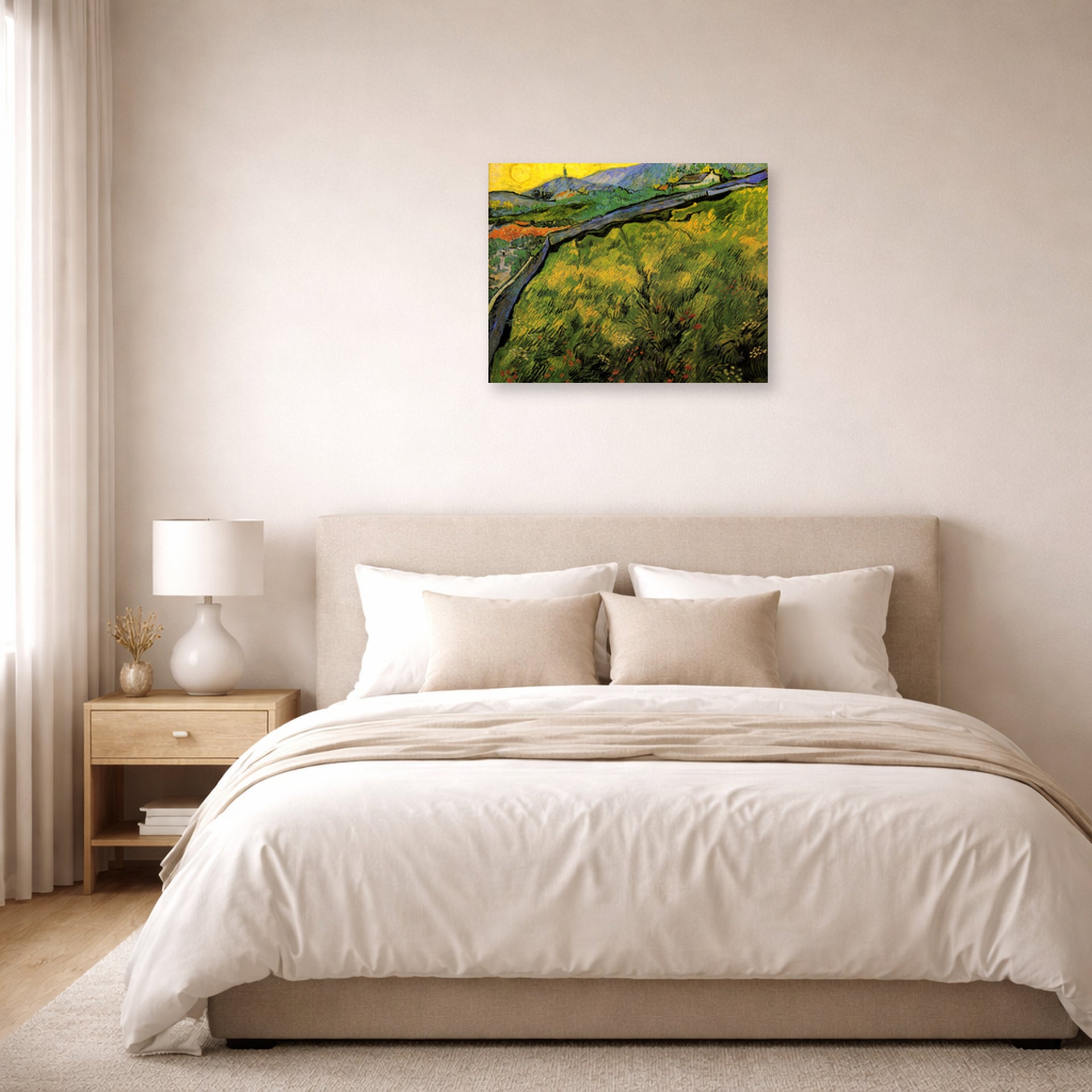 Unframed poster print of Vincent van Gogh's Field of Spring Wheat at Sunrise displayed on a wall in a bedroom