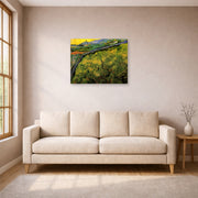 Unframed poster print of Vincent van Gogh's Field of Spring Wheat at Sunrise displayed on a wall in a living room