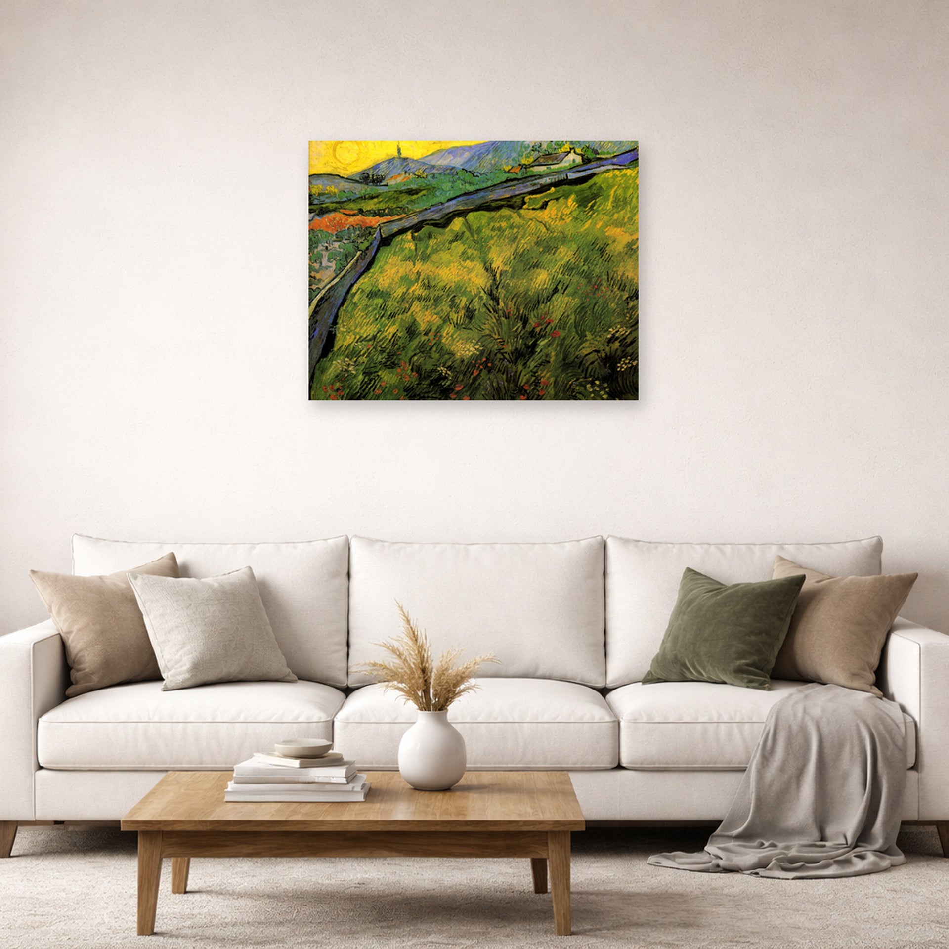 Unframed poster print of Vincent van Gogh's Field of Spring Wheat at Sunrise displayed on a wall in a living room