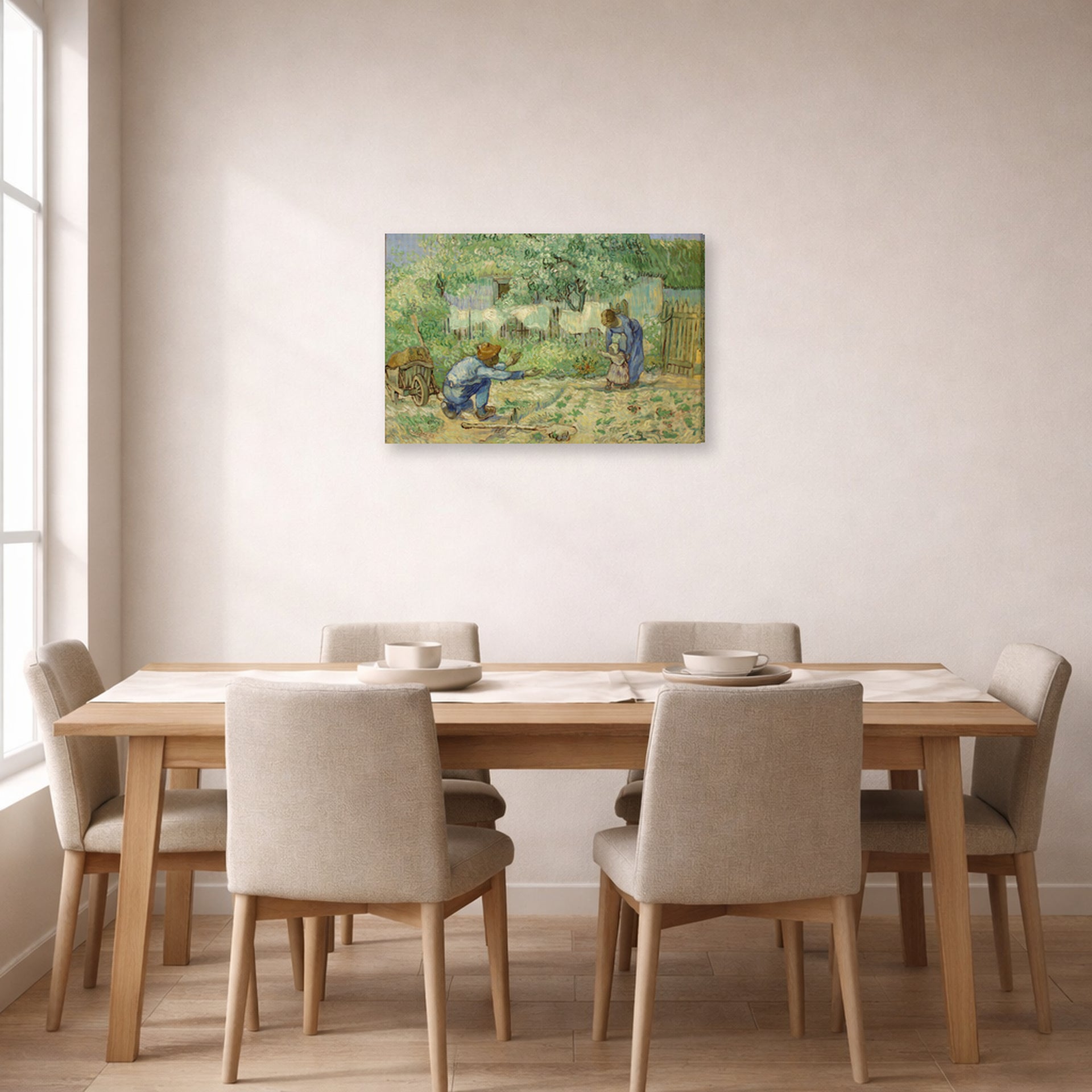 Gallery-wrapped canvas print of Vincent van Gogh's First Steps after Millet displayed on a wall in a dining room