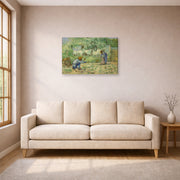 Gallery-wrapped canvas print of Vincent van Gogh's First Steps after Millet displayed on a wall in a living room
