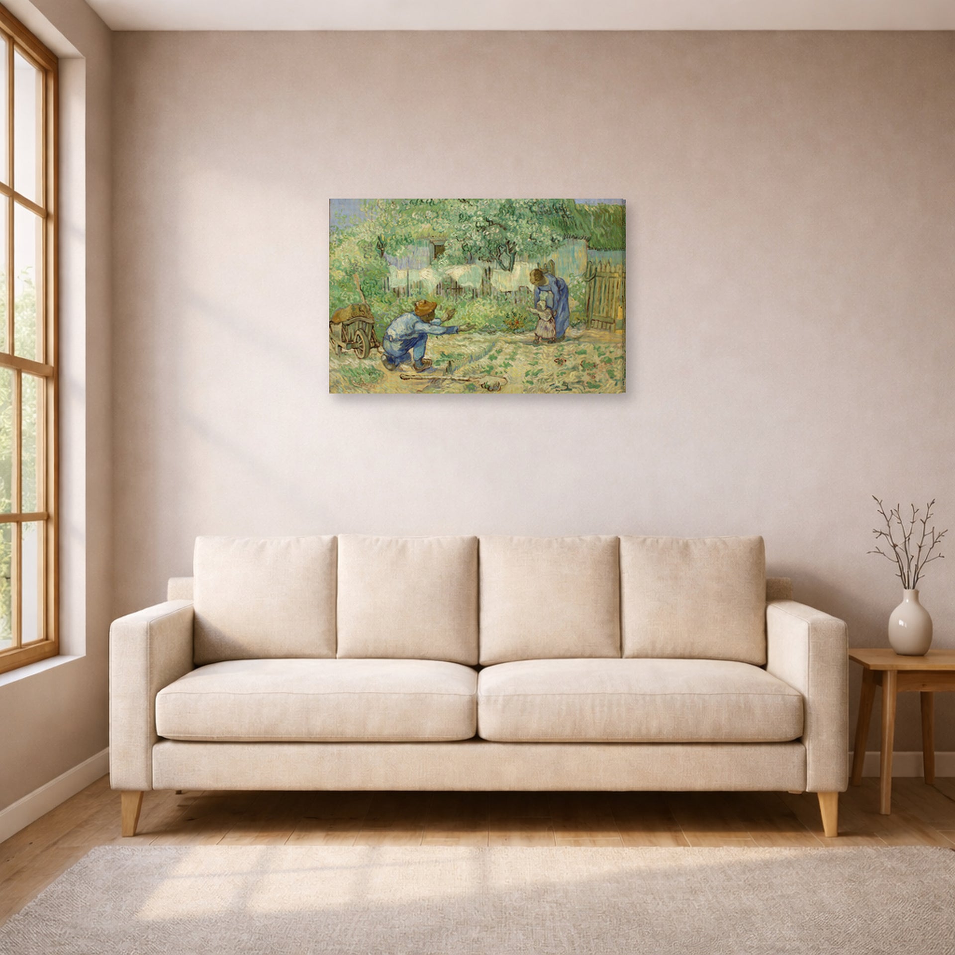 Gallery-wrapped canvas print of Vincent van Gogh's First Steps after Millet displayed on a wall in a living room
