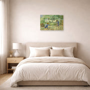 Unframed poster print of Vincent van Gogh's First Steps after Millet displayed on a wall in a bedroom
