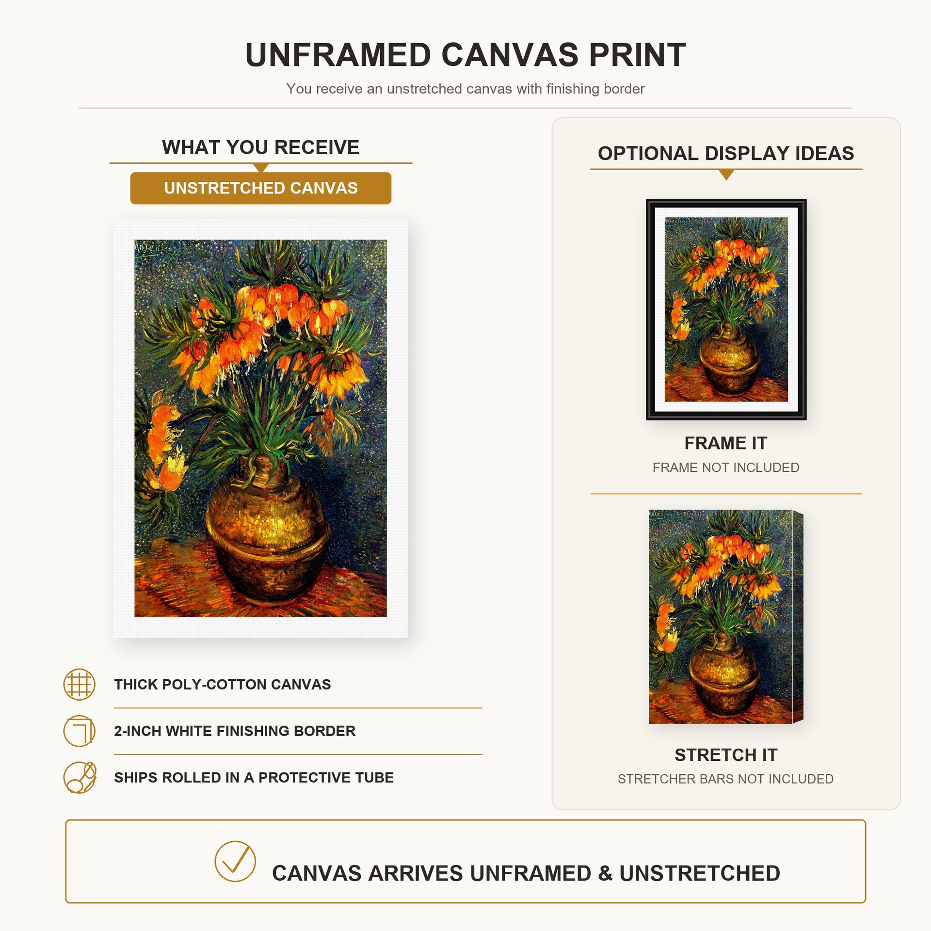 Vincent van Gogh - Fritillaries in a Copper Vase canvas print size comparison and framing display infographic