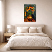 Gallery-wrapped canvas print of Vincent van Gogh's Fritillaries in a Copper Vase displayed on a wall in a bedroom