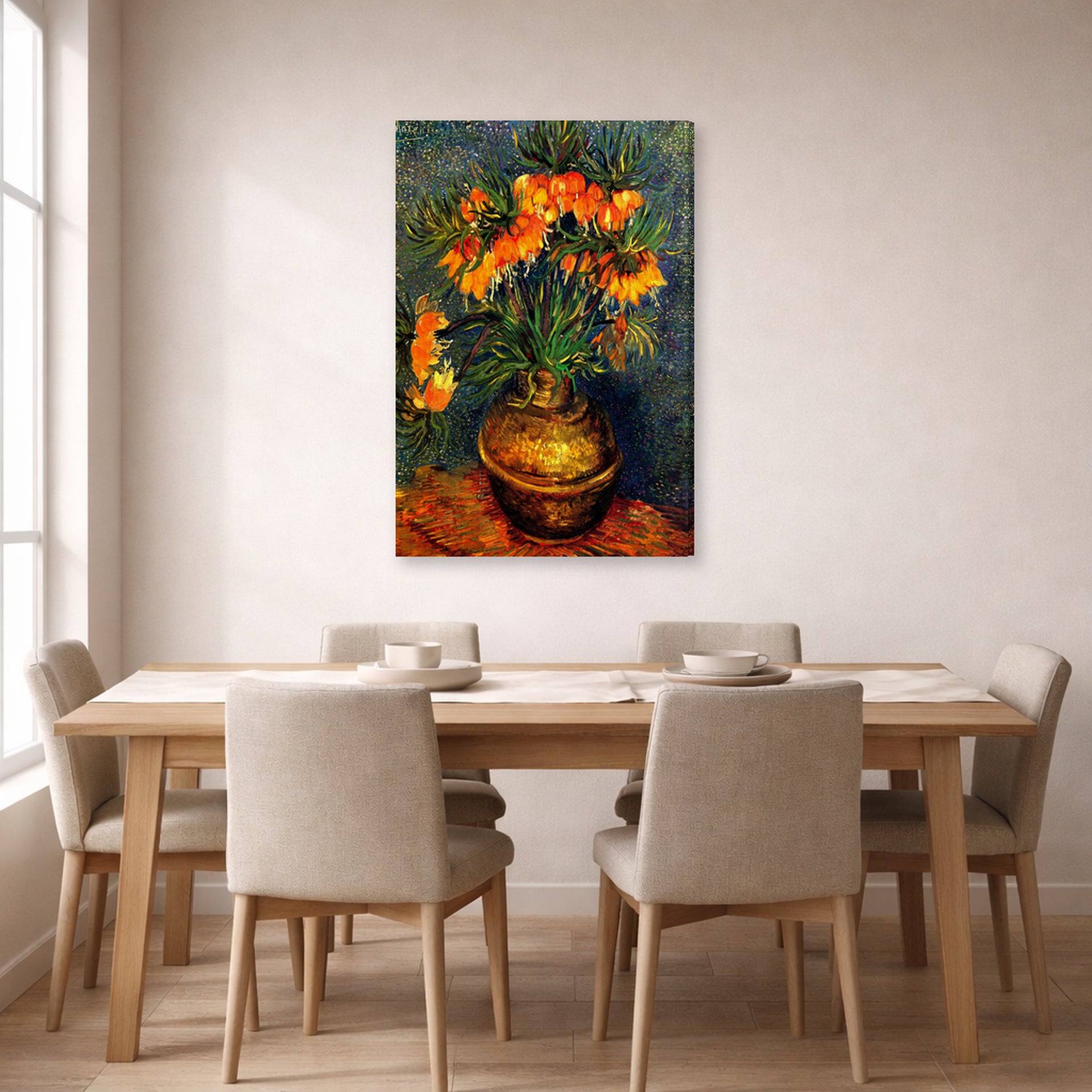 Gallery-wrapped canvas print of Vincent van Gogh's Fritillaries in a Copper Vase displayed on a wall in a dining room