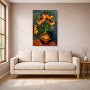Gallery-wrapped canvas print of Vincent van Gogh's Fritillaries in a Copper Vase displayed on a wall in a living room