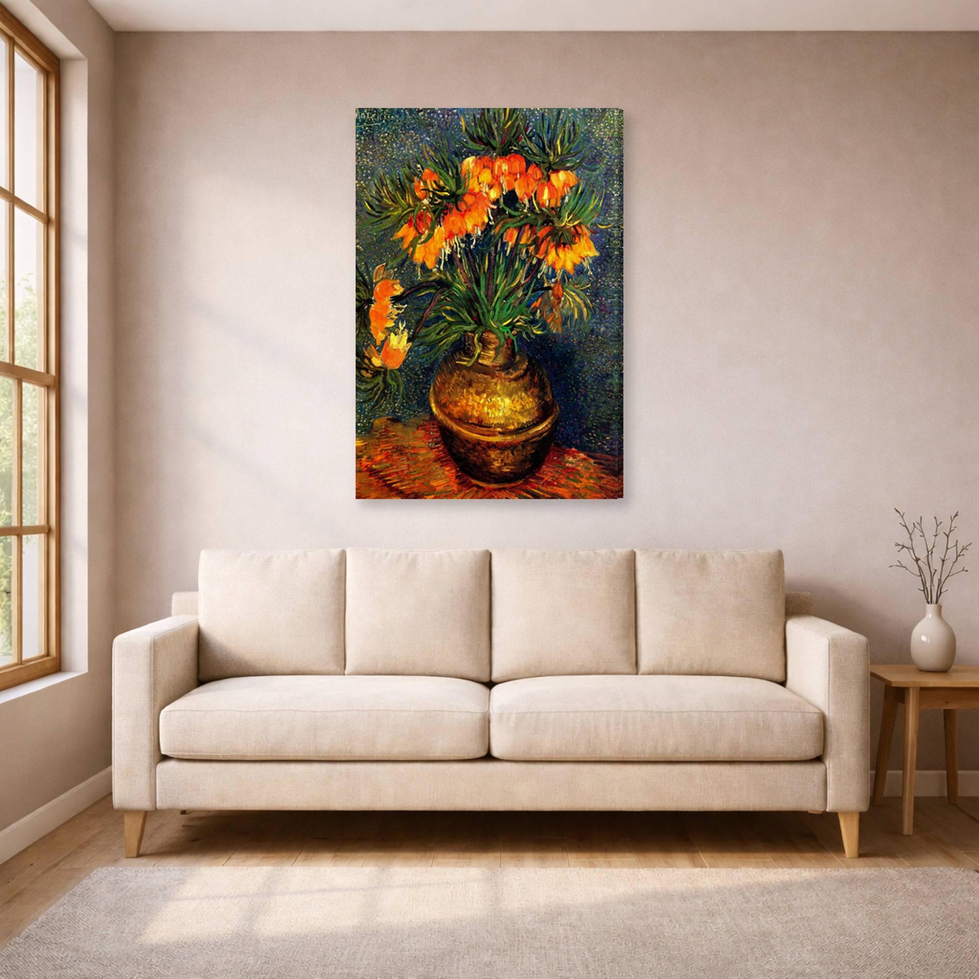 Gallery-wrapped canvas print of Vincent van Gogh's Fritillaries in a Copper Vase displayed on a wall in a living room