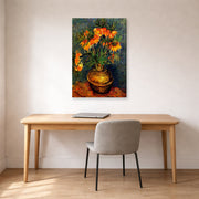 Gallery-wrapped canvas print of Vincent van Gogh's Fritillaries in a Copper Vase displayed on a wall in a home office