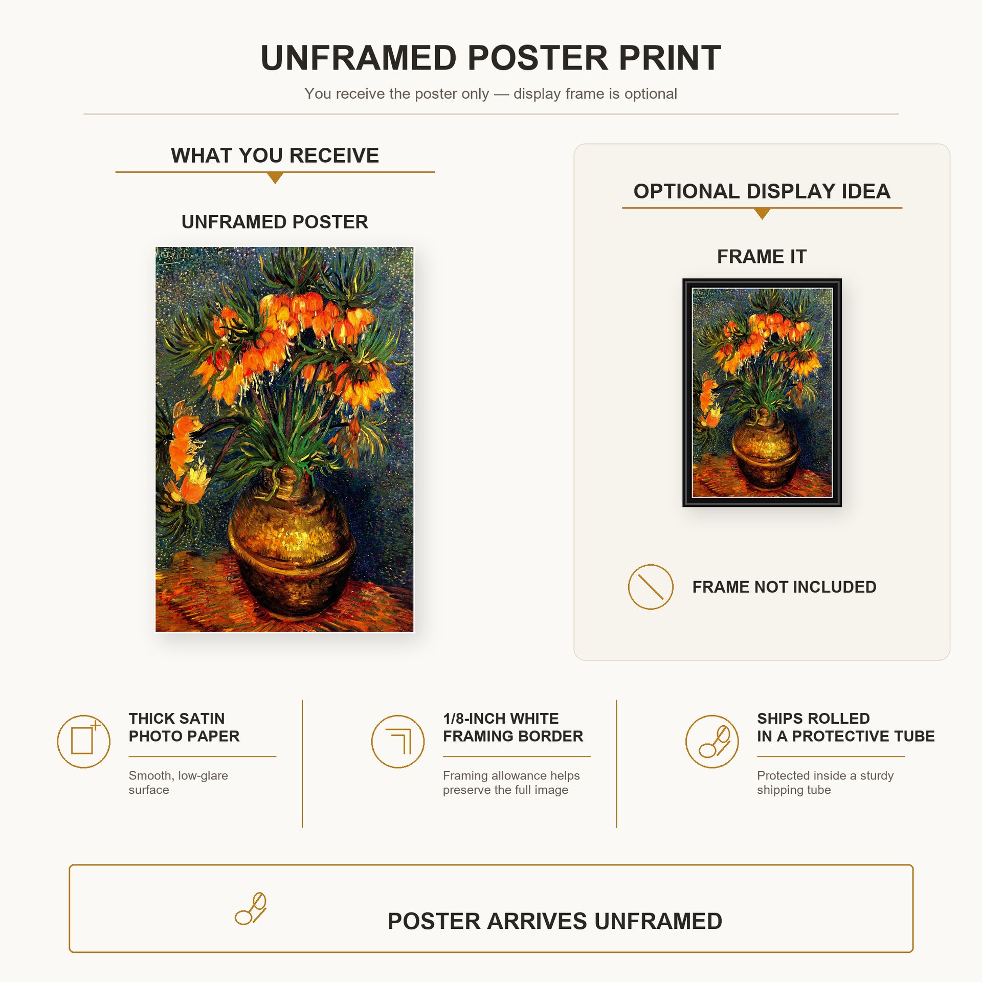 Vincent van Gogh - Fritillaries in a Copper Vase poster print size comparison and framing display infographic