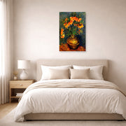 Unframed poster print of Vincent van Gogh's Fritillaries in a Copper Vase displayed on a wall in a bedroom
