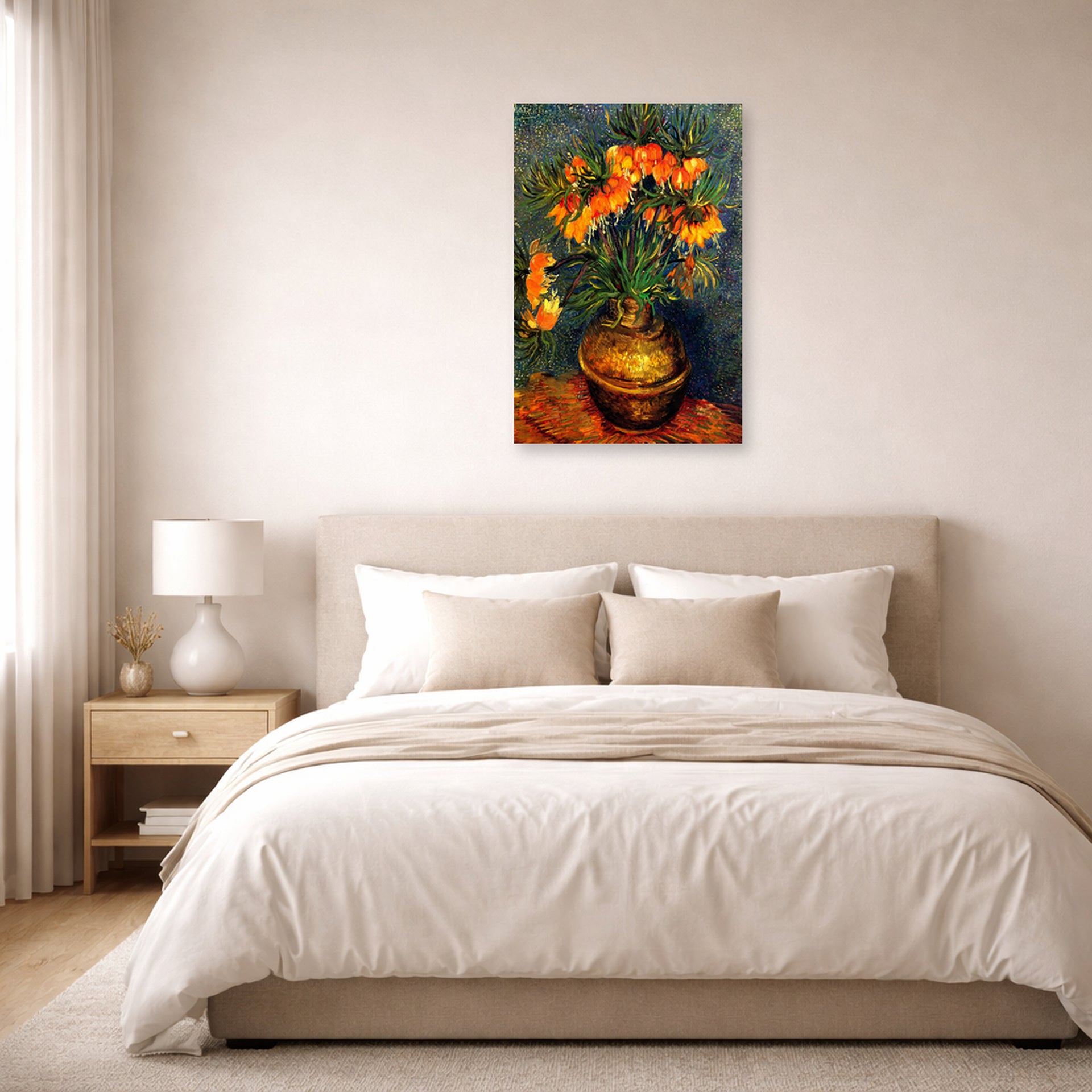 Unframed poster print of Vincent van Gogh's Fritillaries in a Copper Vase displayed on a wall in a bedroom