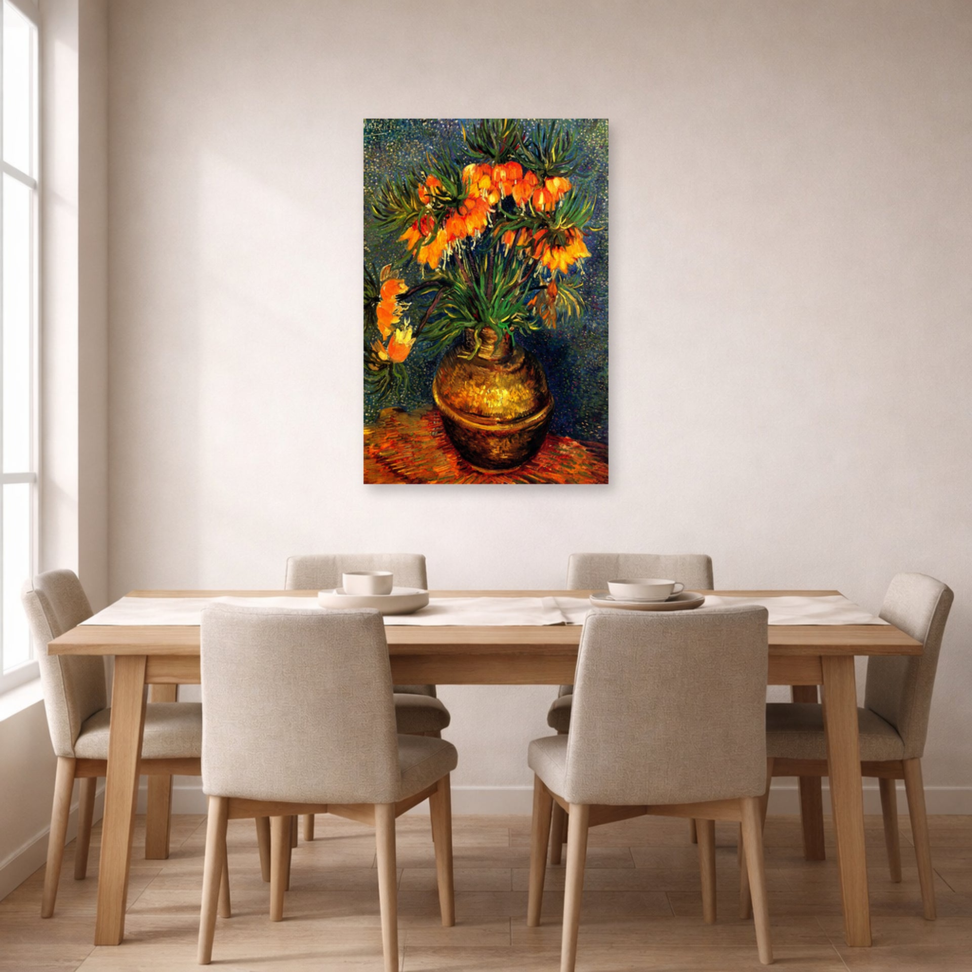 Unframed poster print of Vincent van Gogh's Fritillaries in a Copper Vase displayed on a wall in a dining room