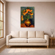 Unframed poster print of Vincent van Gogh's Fritillaries in a Copper Vase displayed on a wall in a living room