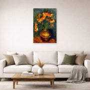 Unframed poster print of Vincent van Gogh's Fritillaries in a Copper Vase displayed on a wall in a living room