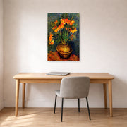 Unframed poster print of Vincent van Gogh's Fritillaries in a Copper Vase displayed on a wall in a home office