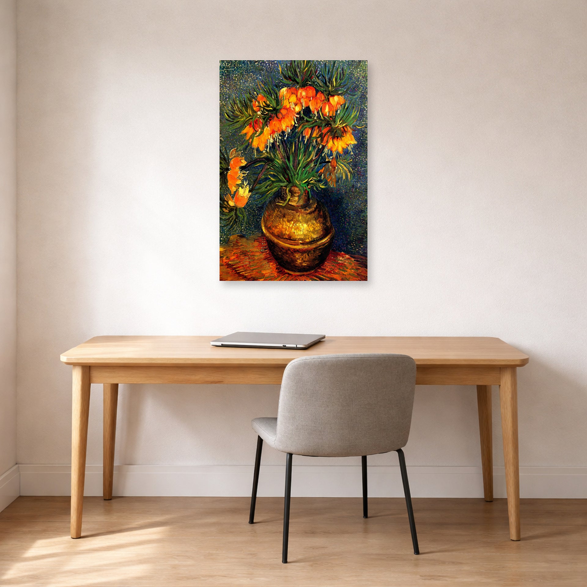 Unframed poster print of Vincent van Gogh's Fritillaries in a Copper Vase displayed on a wall in a home office