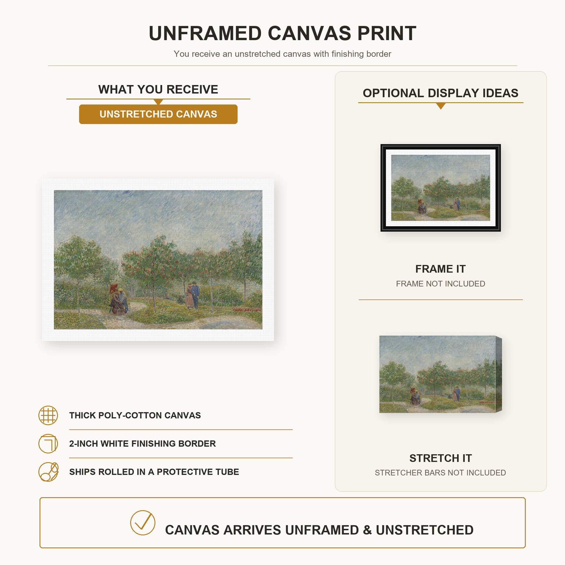 Vincent van Gogh - Garden with Courting Couples canvas print size comparison and framing display infographic