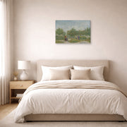 Gallery-wrapped canvas print of Vincent van Gogh's Garden with Courting Couples displayed on a wall in a bedroom