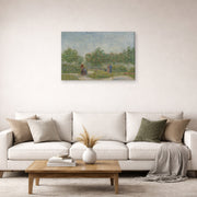 Gallery-wrapped canvas print of Vincent van Gogh's Garden with Courting Couples displayed on a wall in a living room