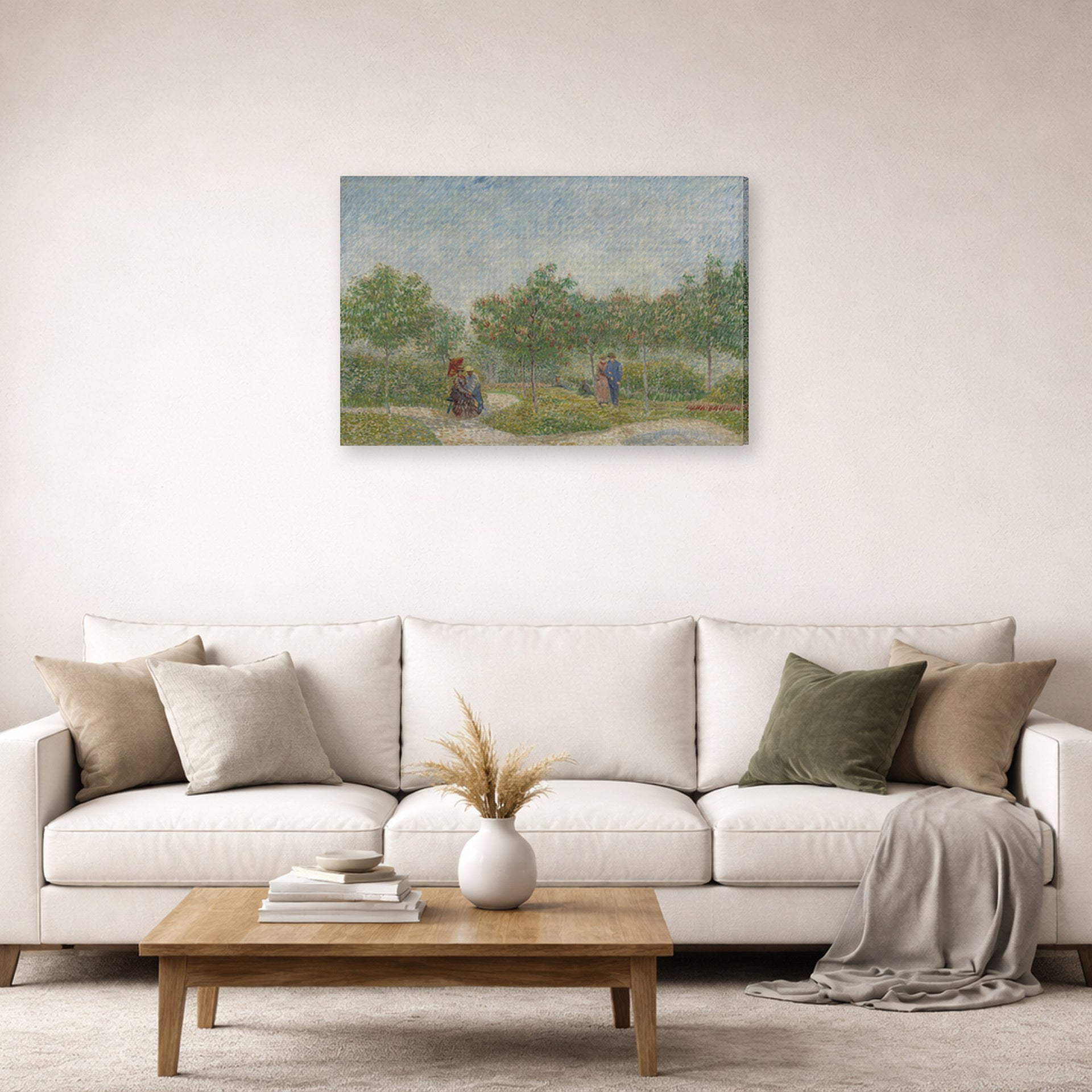 Gallery-wrapped canvas print of Vincent van Gogh's Garden with Courting Couples displayed on a wall in a living room