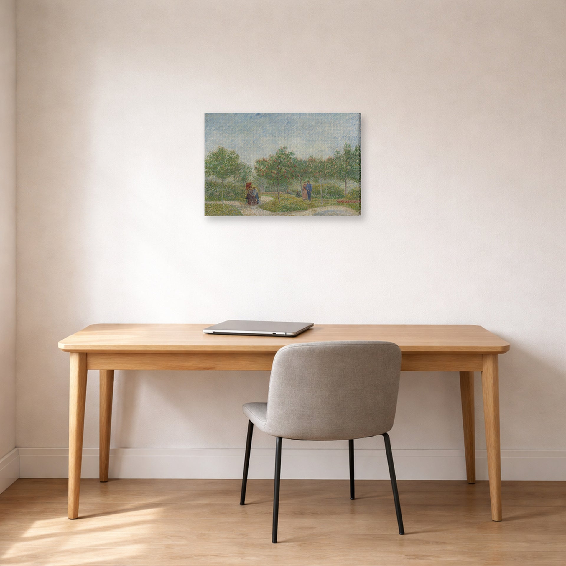 Gallery-wrapped canvas print of Vincent van Gogh's Garden with Courting Couples displayed on a wall in a home office