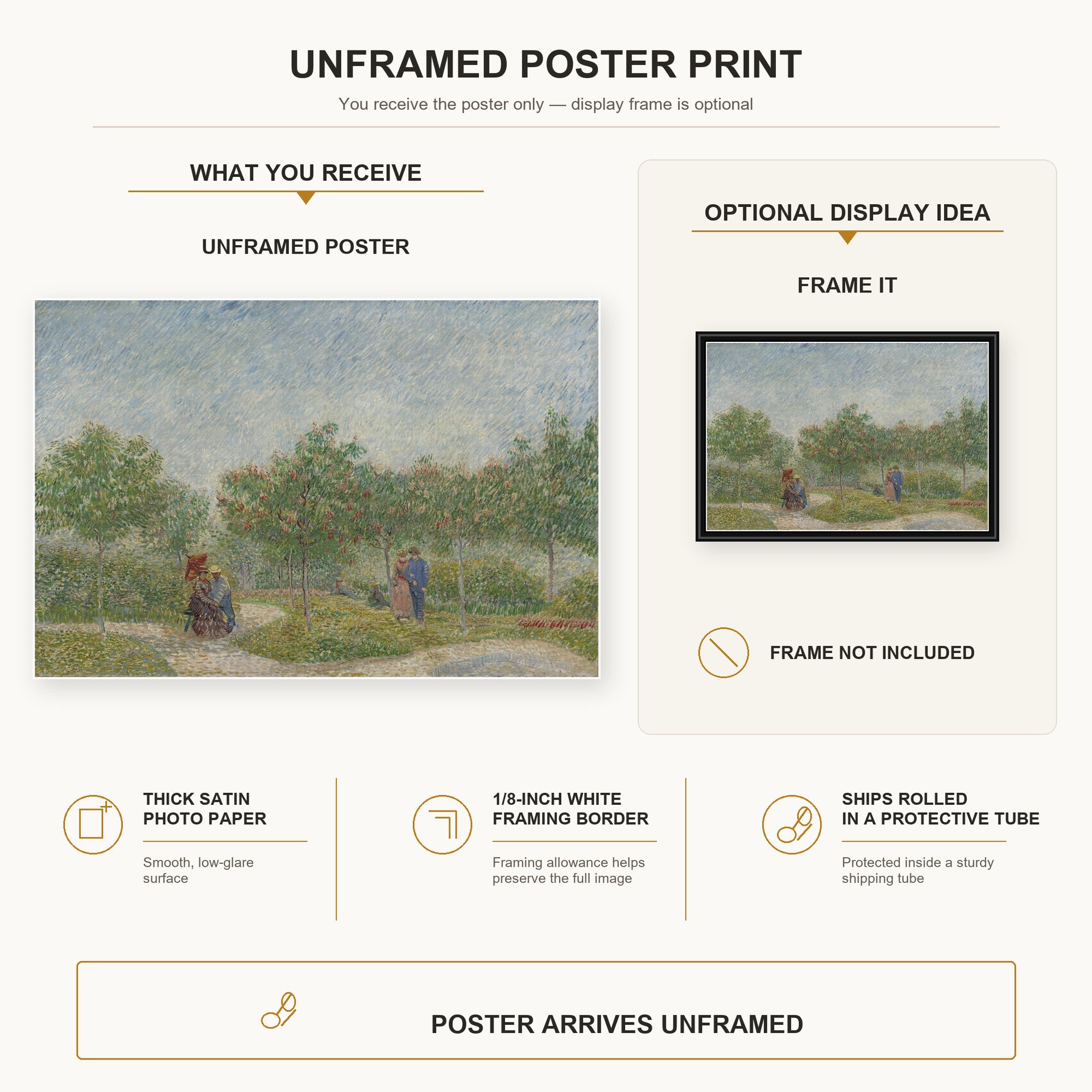Vincent van Gogh - Garden with Courting Couples poster print size comparison and framing display infographic