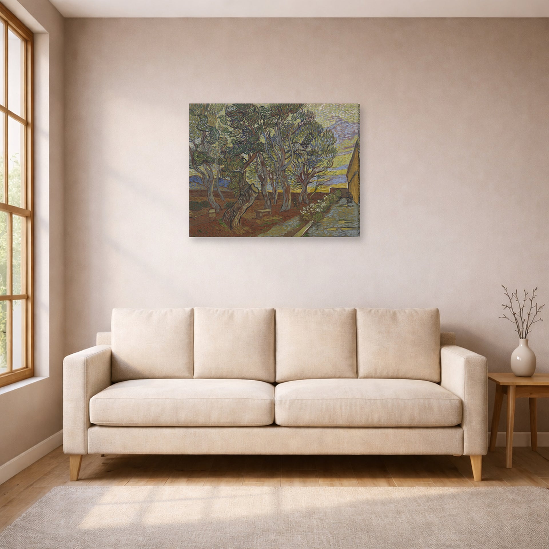 Gallery-wrapped canvas print of Vincent van Gogh's Garden of the Asylum displayed on a wall in a living room