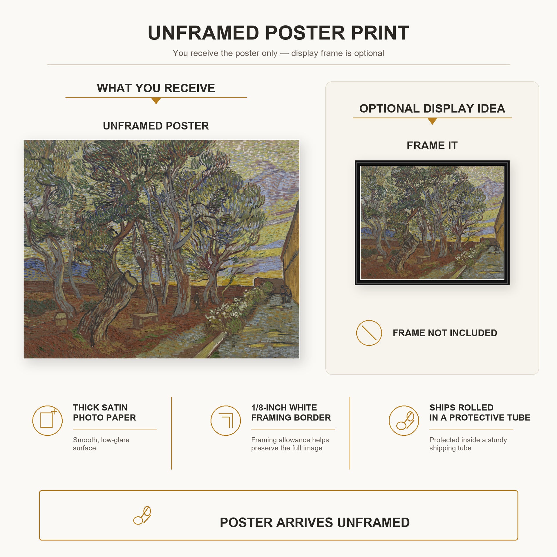 Vincent van Gogh - Garden of the Asylum poster print size comparison and framing display infographic