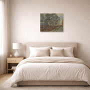 Unframed poster print of Vincent van Gogh's Garden of the Asylum displayed on a wall in a bedroom