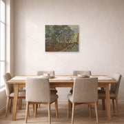 Unframed poster print of Vincent van Gogh's Garden of the Asylum displayed on a wall in a dining room