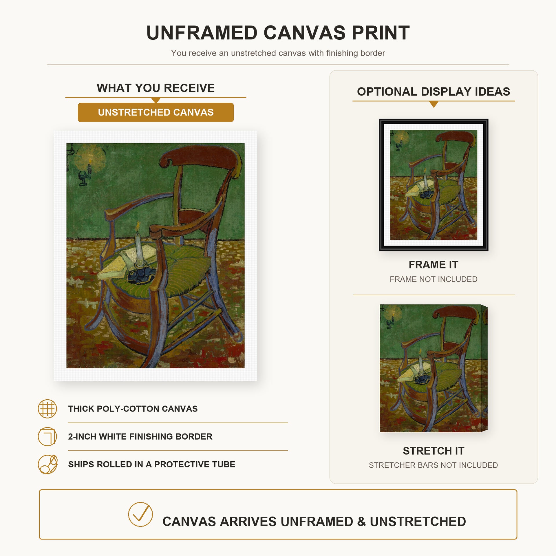 Vincent van Gogh - Gauguin's Chair canvas print size comparison and framing display infographic