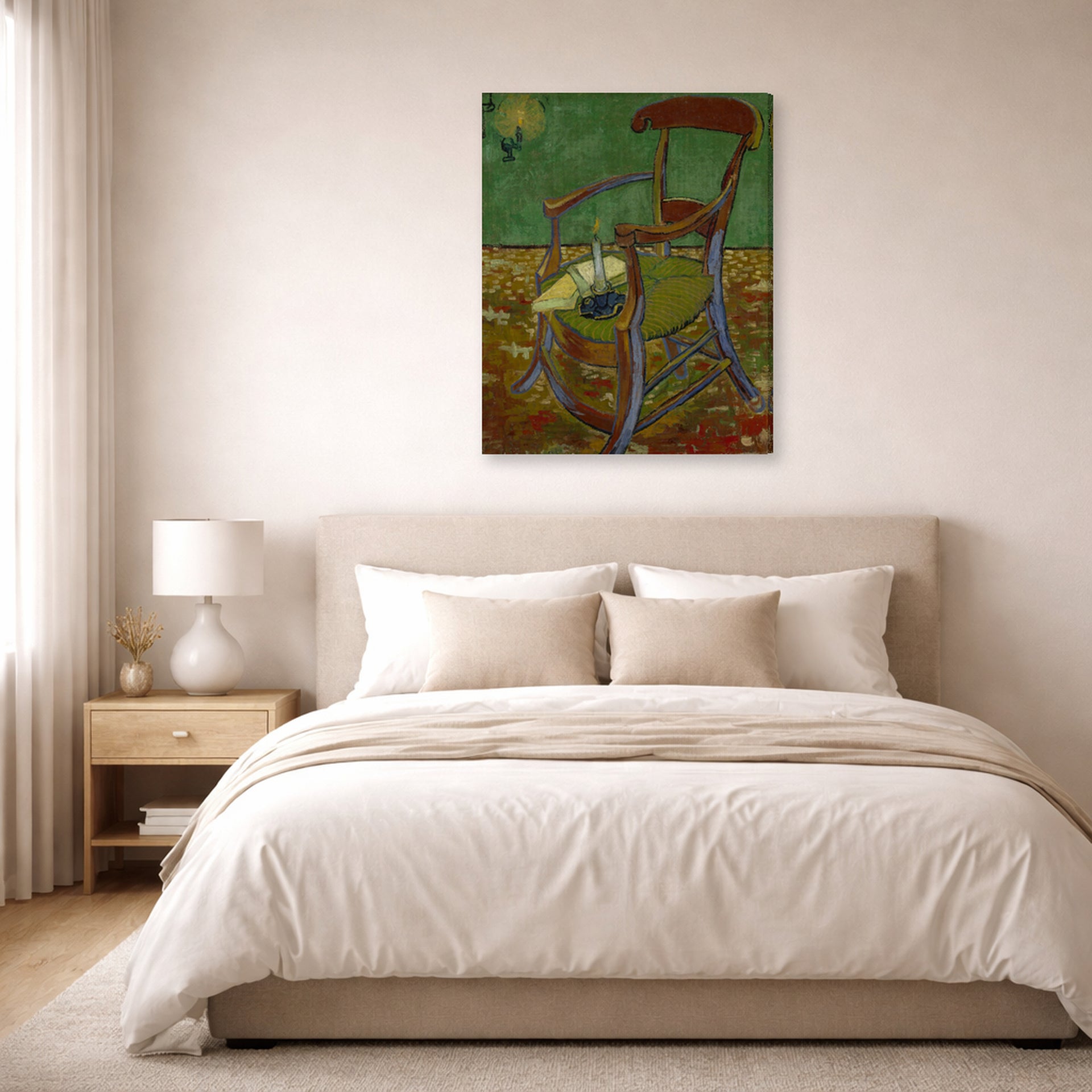 Gallery-wrapped canvas print of Vincent van Gogh's Gauguin's Chair displayed on a wall in a bedroom