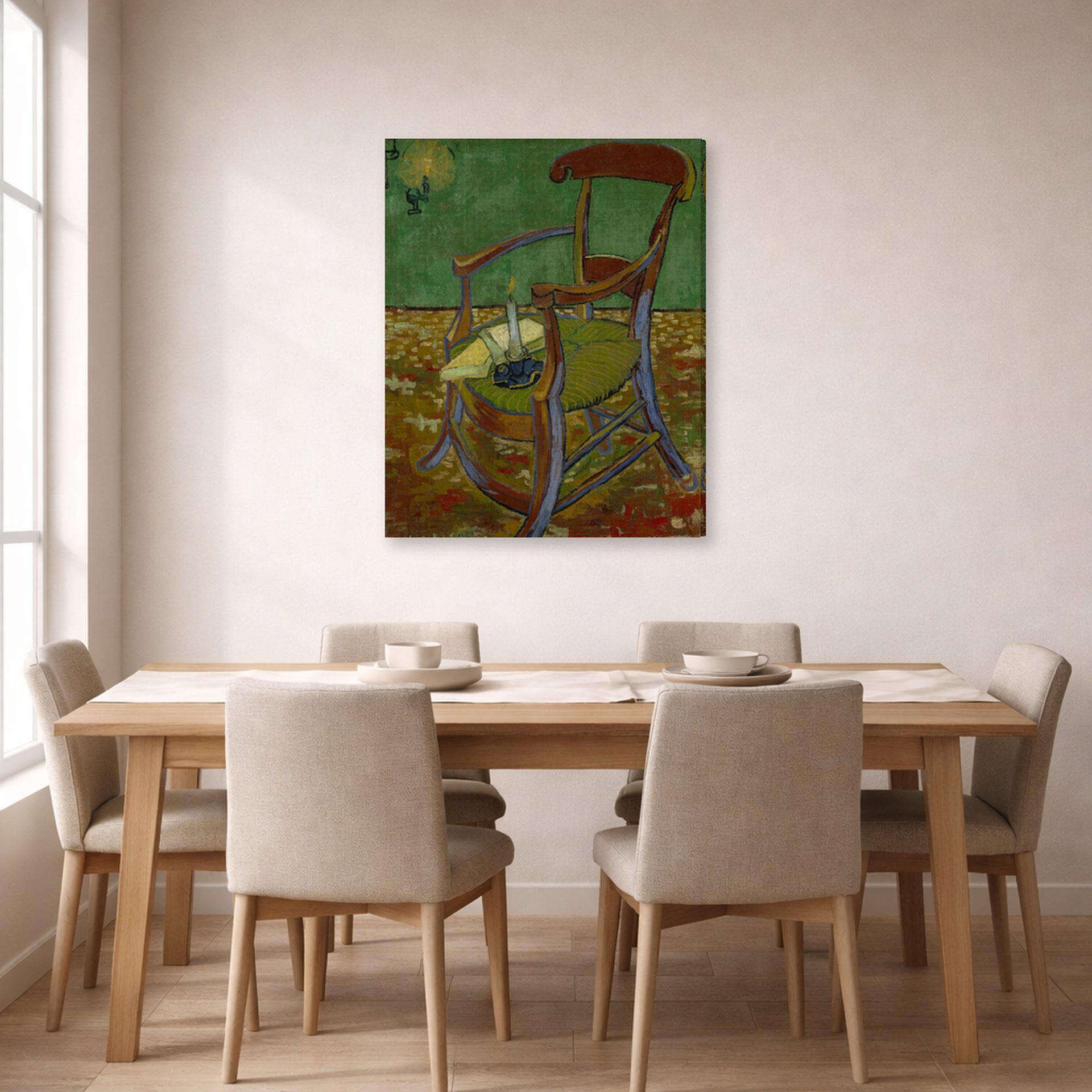 Gallery-wrapped canvas print of Vincent van Gogh's Gauguin's Chair displayed on a wall in a dining room