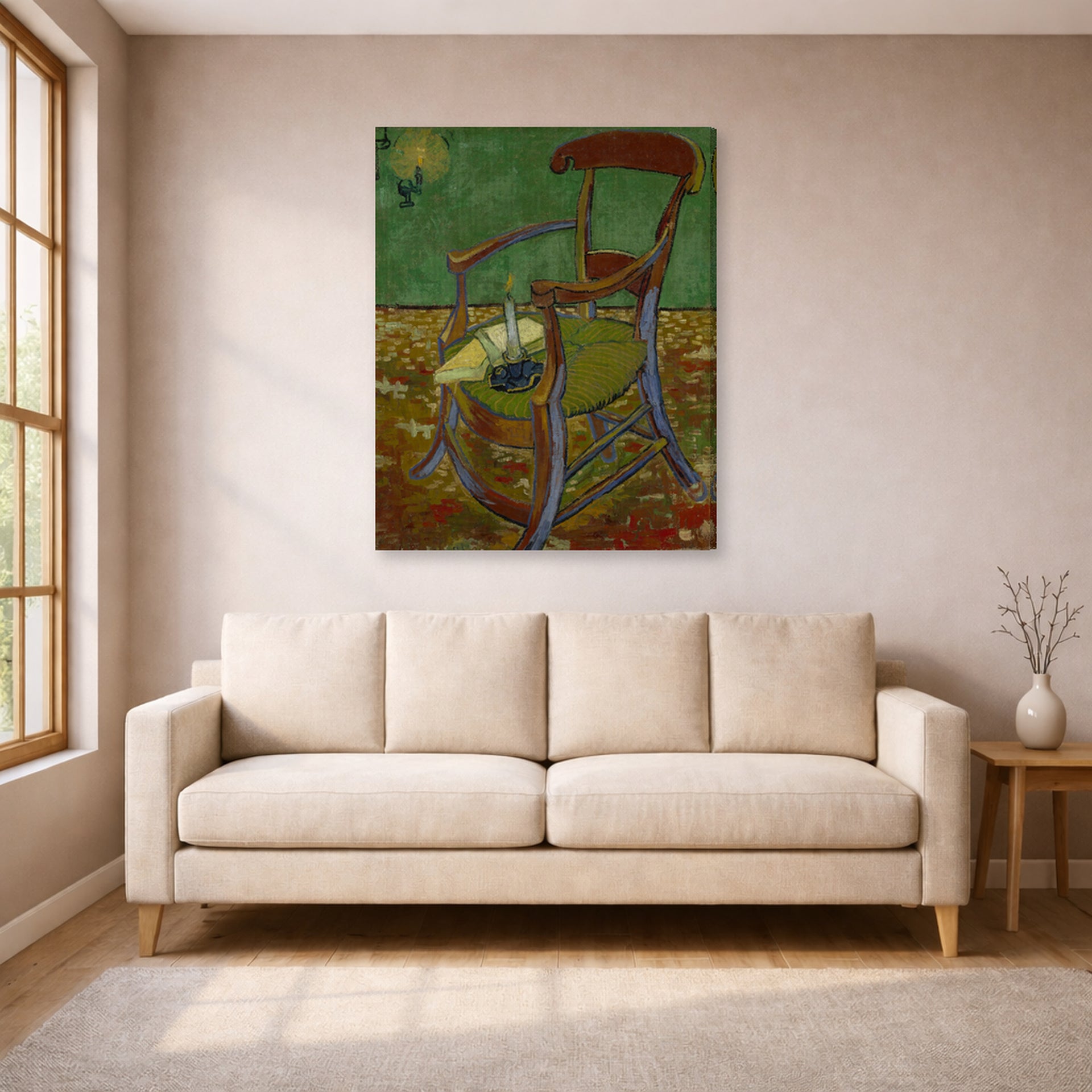 Gallery-wrapped canvas print of Vincent van Gogh's Gauguin's Chair displayed on a wall in a living room