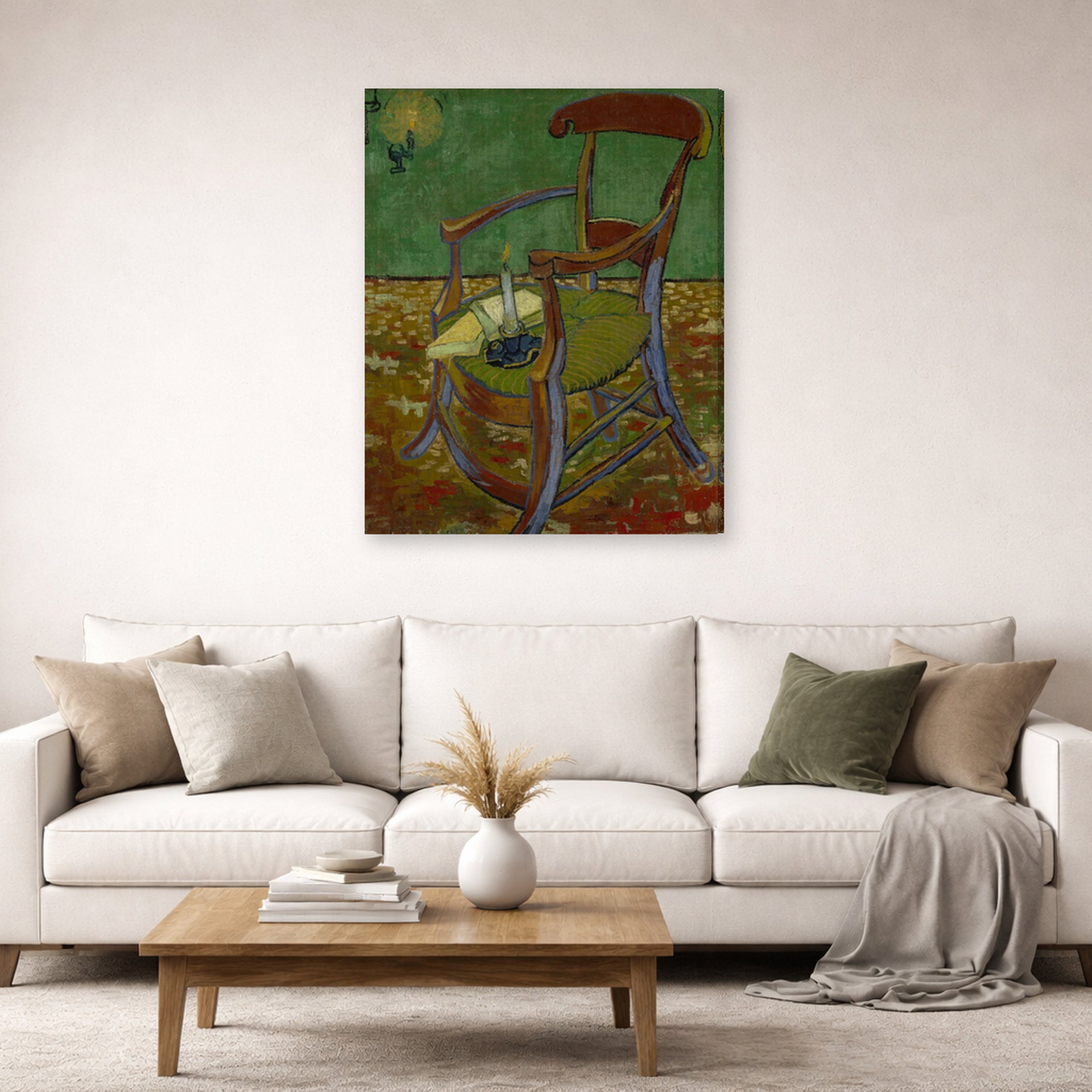 Gallery-wrapped canvas print of Vincent van Gogh's Gauguin's Chair displayed on a wall in a living room