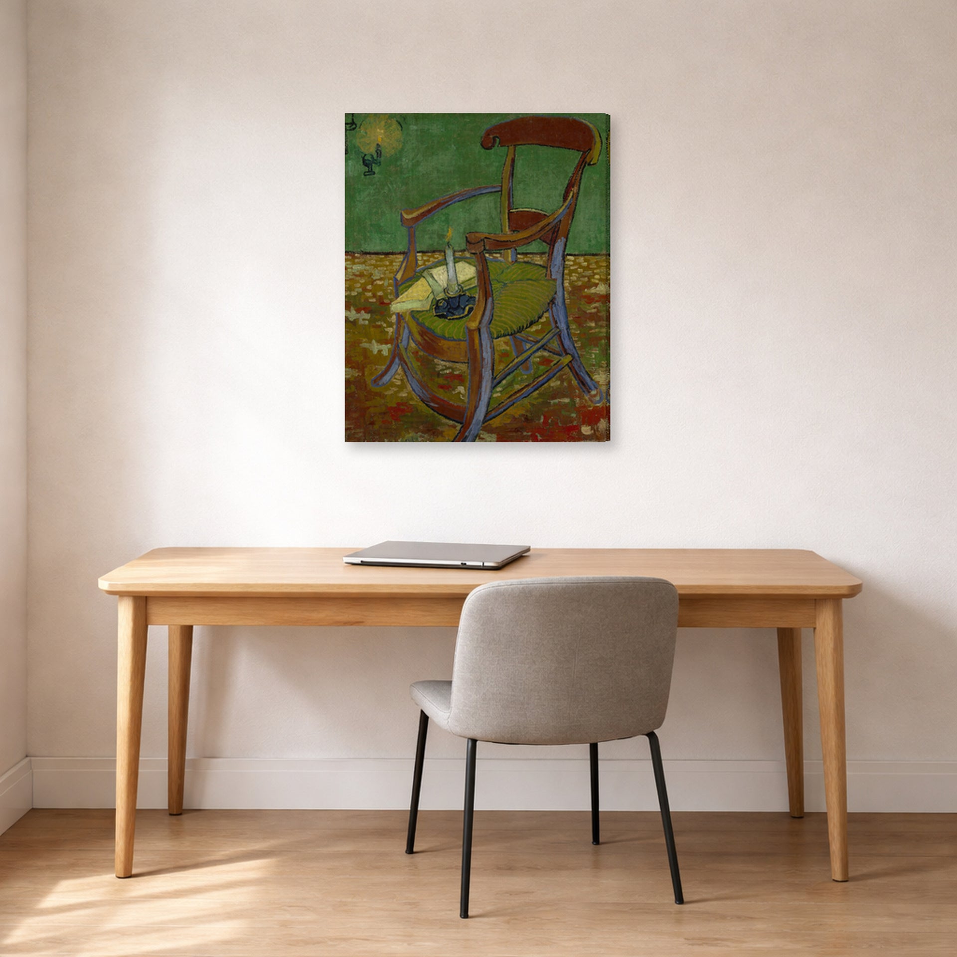 Gallery-wrapped canvas print of Vincent van Gogh's Gauguin's Chair displayed on a wall in a home office