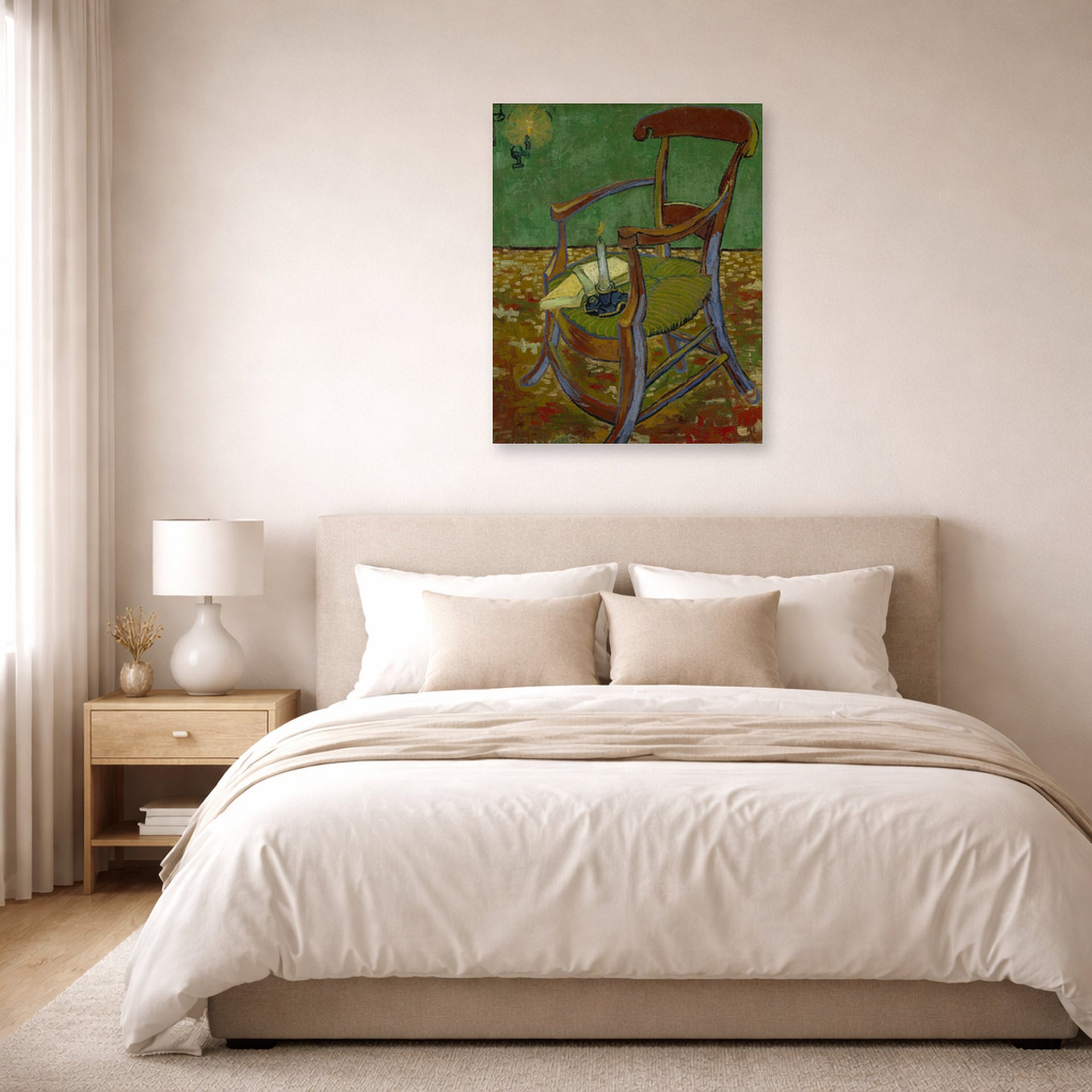 Unframed poster print of Vincent van Gogh's Gauguin's Chair displayed on a wall in a bedroom