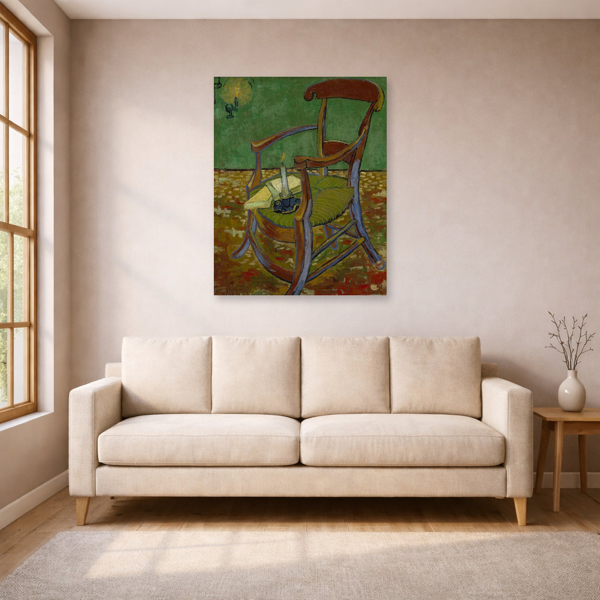 Unframed poster print of Vincent van Gogh's Gauguin's Chair displayed on a wall in a living room
