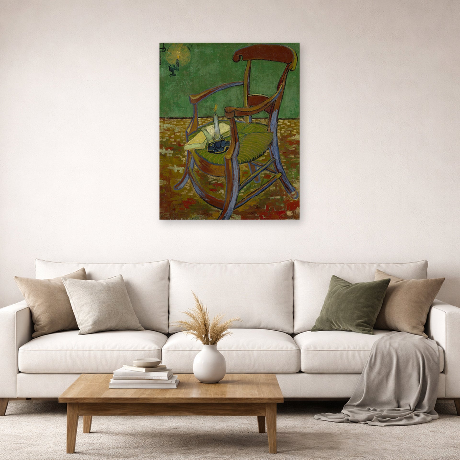 Unframed poster print of Vincent van Gogh's Gauguin's Chair displayed on a wall in a living room
