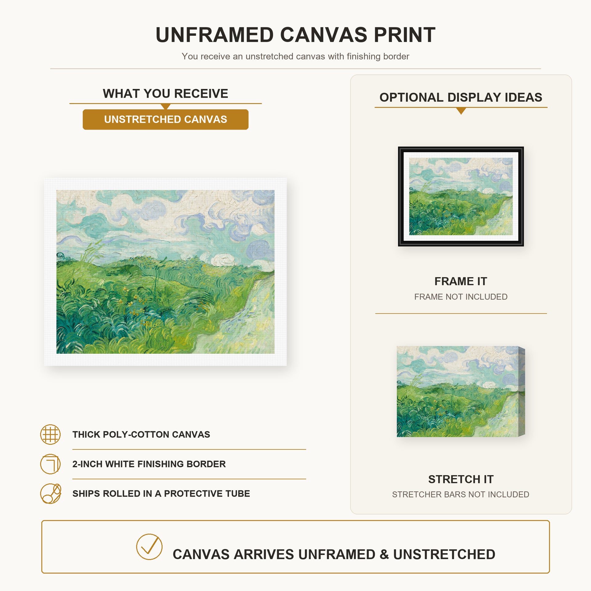 Vincent van Gogh - Green Wheat Fields, Auvers canvas print size comparison and framing display infographic